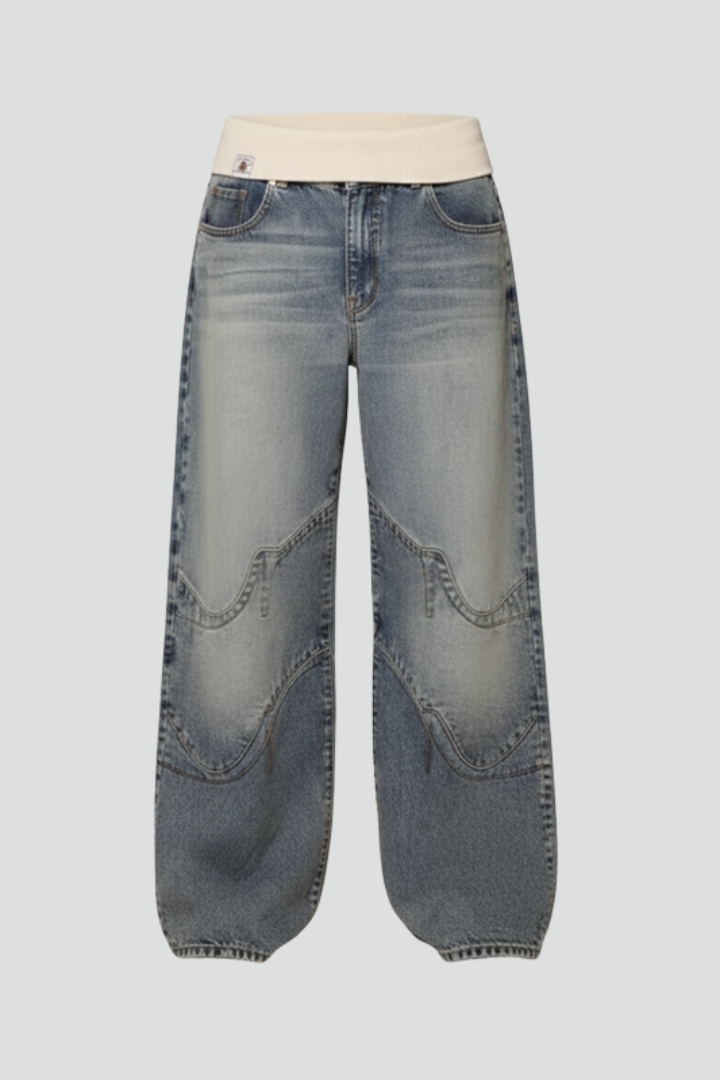 Women's Baggy Wide-Leg Denim Jeans Curved Seam Pants