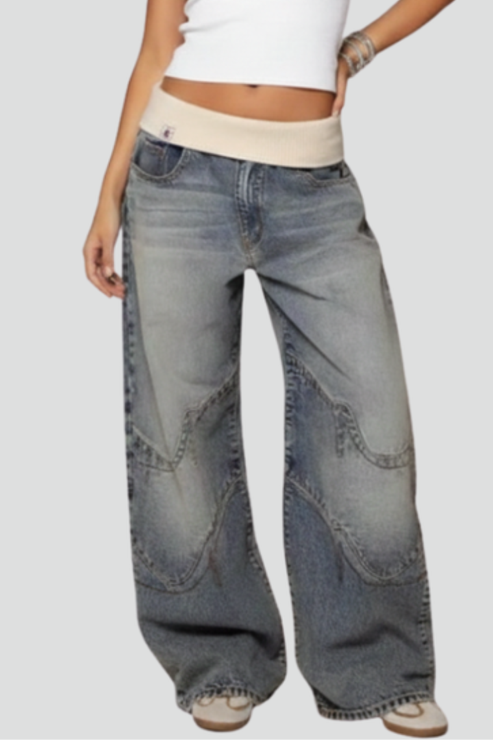 Women's Baggy Wide-Leg Denim Jeans Curved Seam Pants