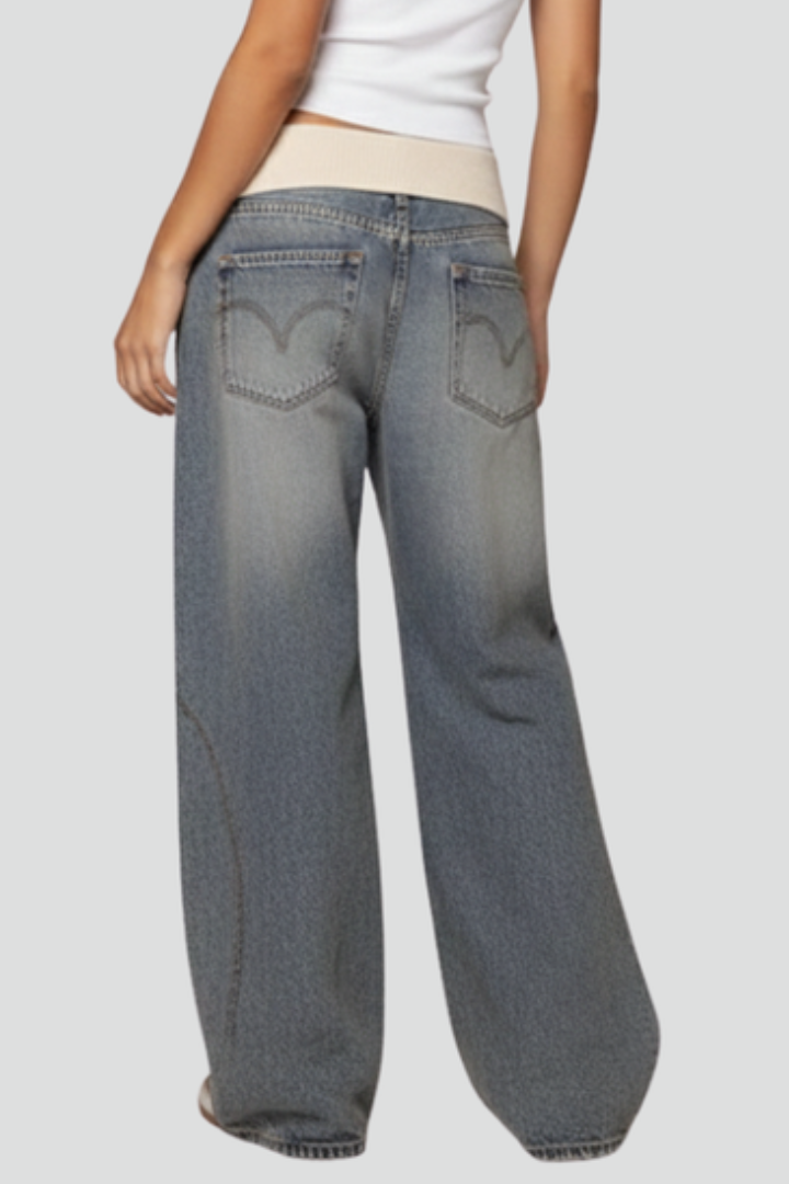 Women's Baggy Wide-Leg Denim Jeans Curved Seam Pants