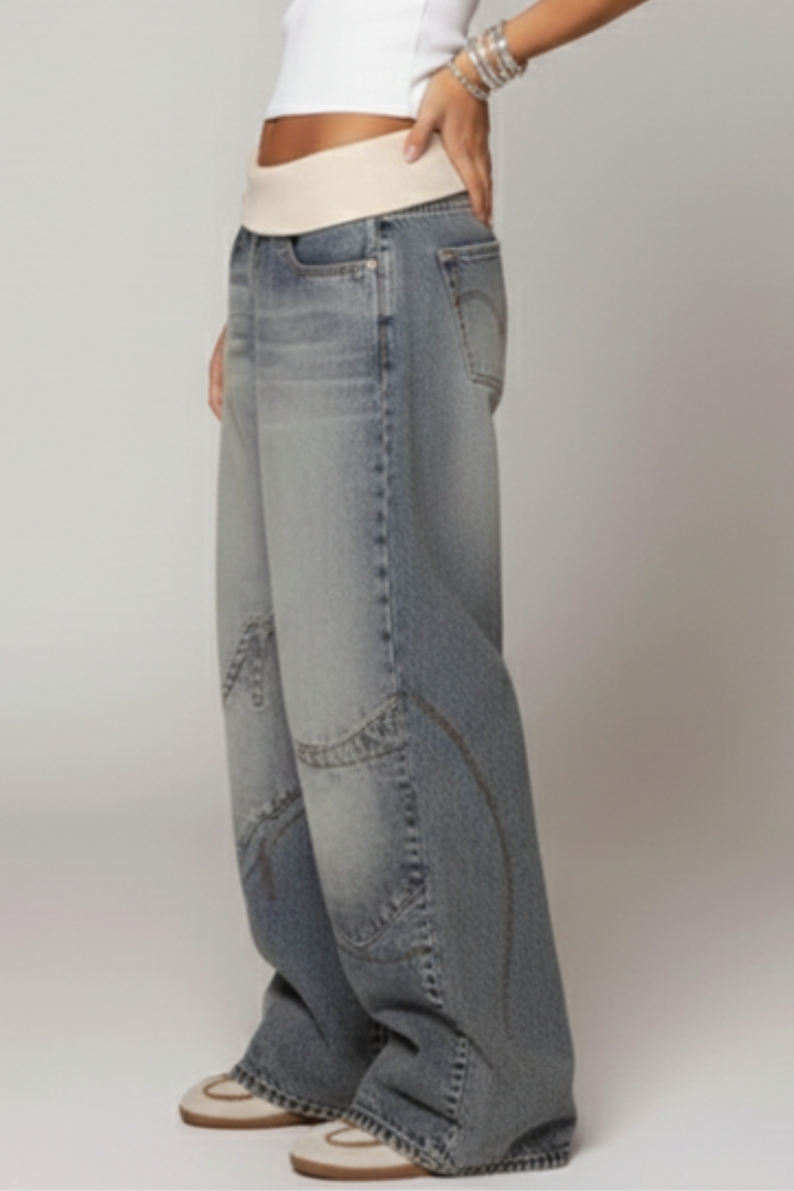 Women's Baggy Wide-Leg Denim Jeans Curved Seam Pants