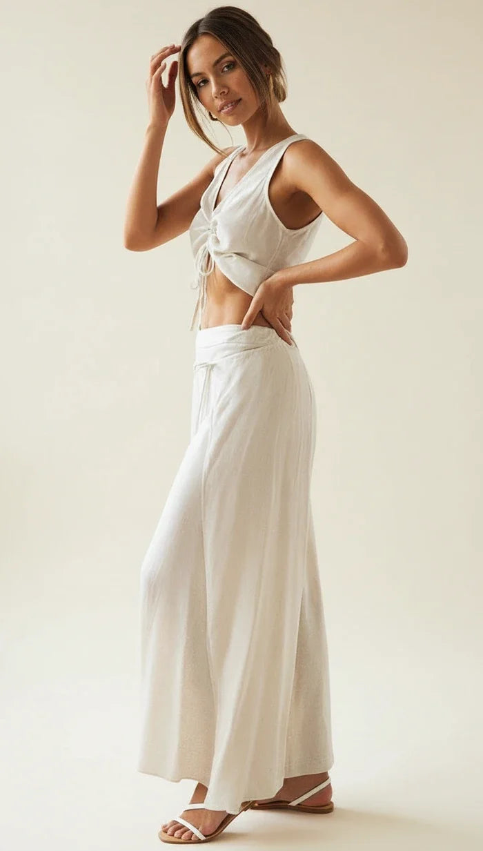 Women's Linen V-Neck Wide-Leg Two-Piece Set