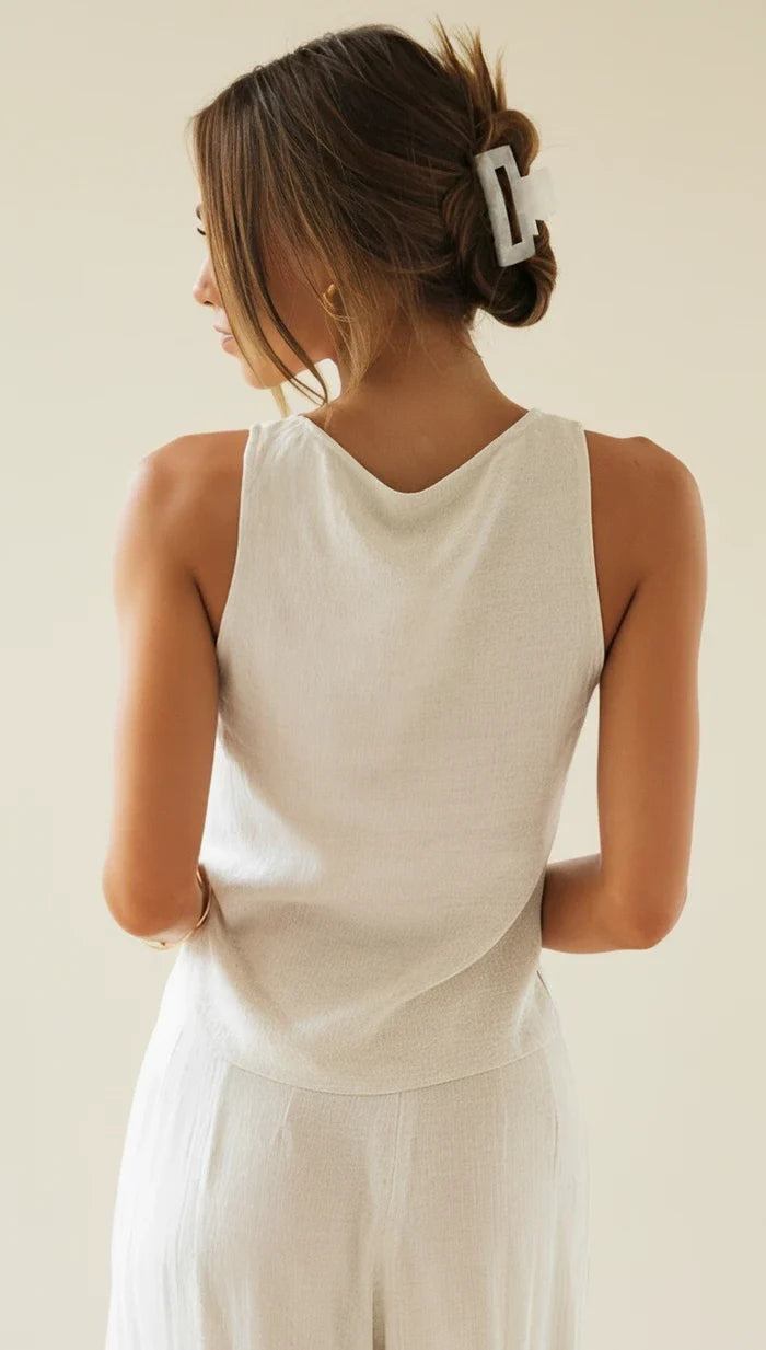 Women's Linen V-Neck Wide-Leg Two-Piece Set
