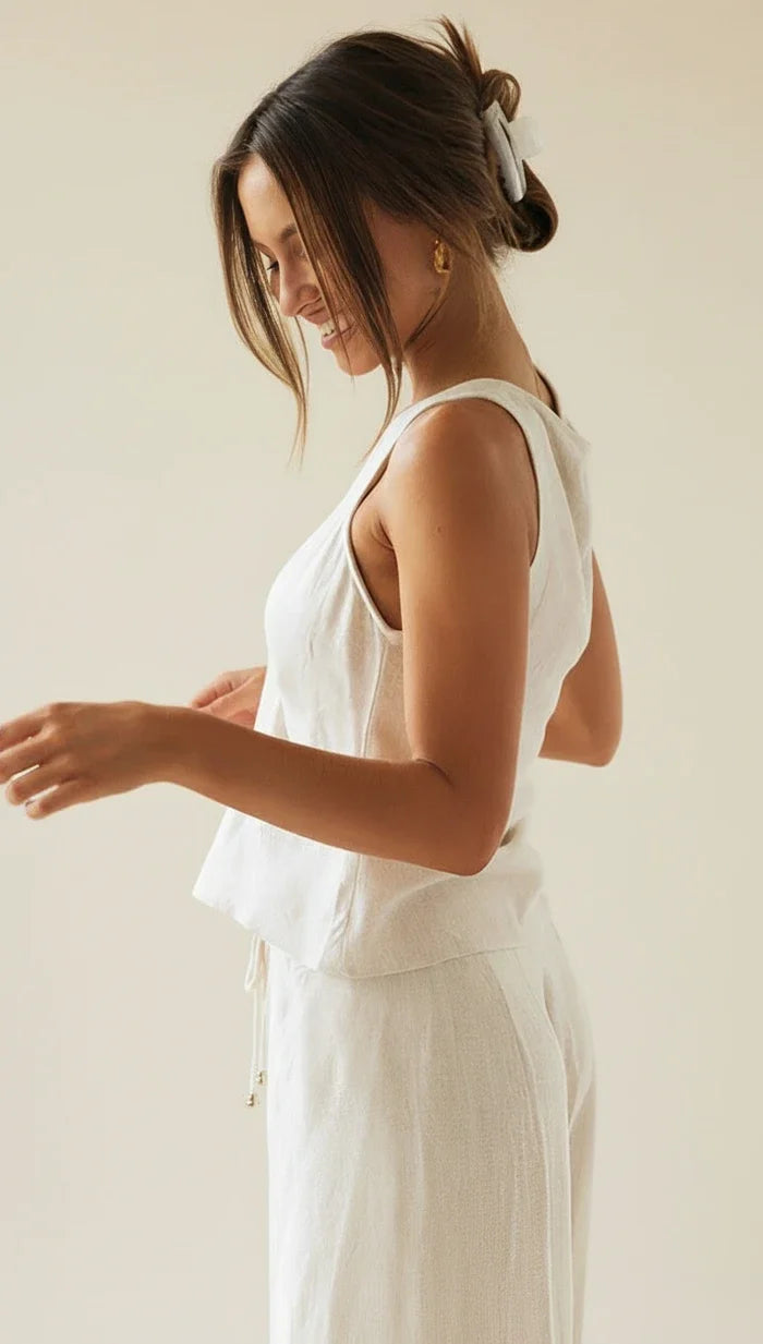 Women's Linen V-Neck Wide-Leg Two-Piece Set