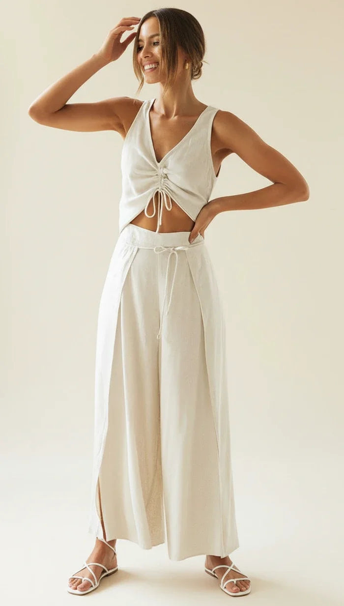 Women's Linen V-Neck Wide-Leg Two-Piece Set