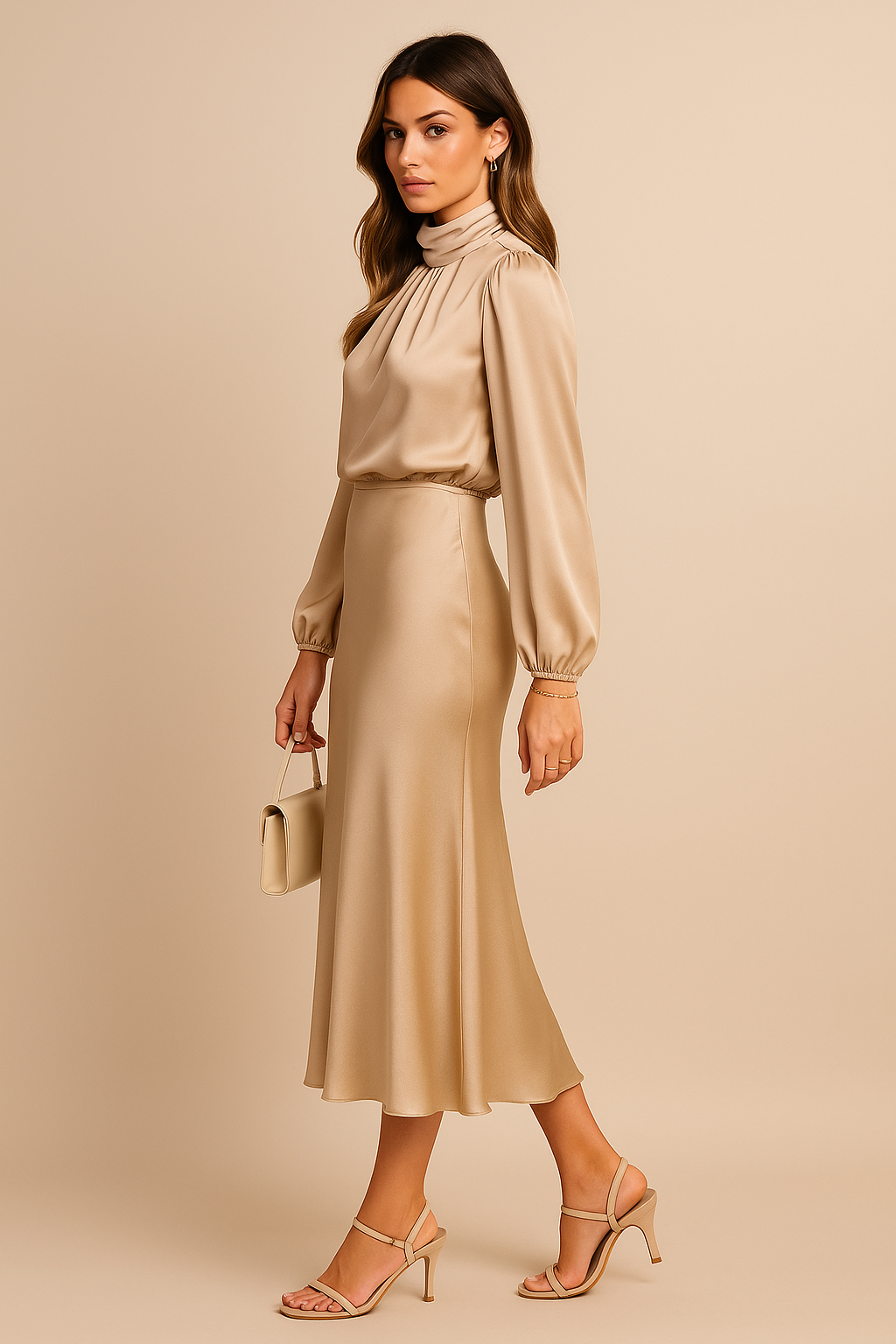 Women's Silk High Neck Long Sleeve Midi Dress