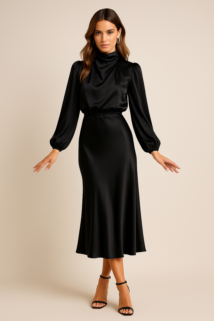 Women's Silk High Neck Long Sleeve Midi Dress