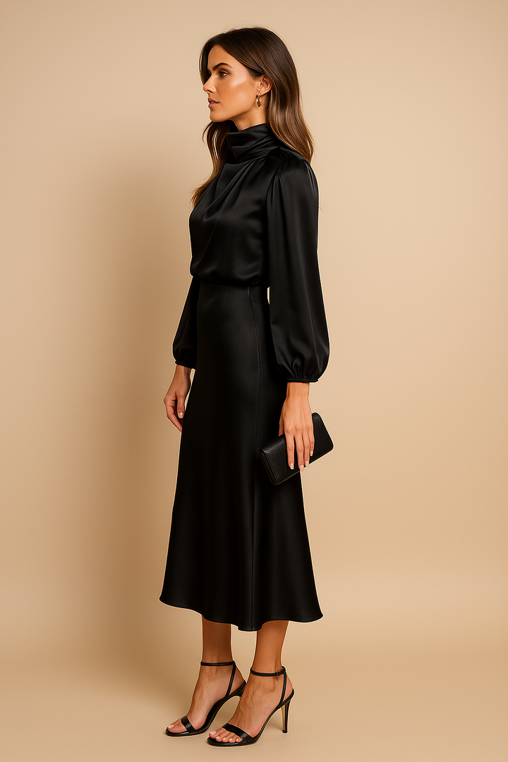 Women's Silk High Neck Long Sleeve Midi Dress