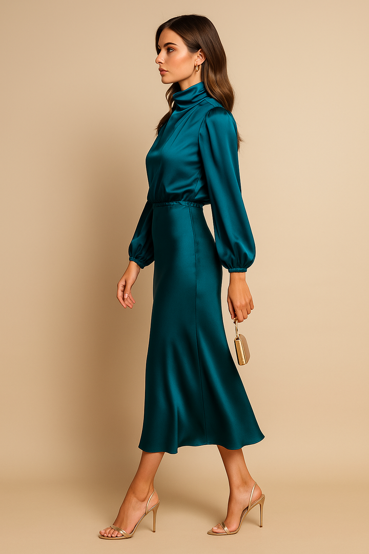 Women's Silk High Neck Long Sleeve Midi Dress