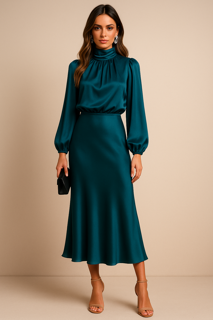Women's Silk High Neck Long Sleeve Midi Dress