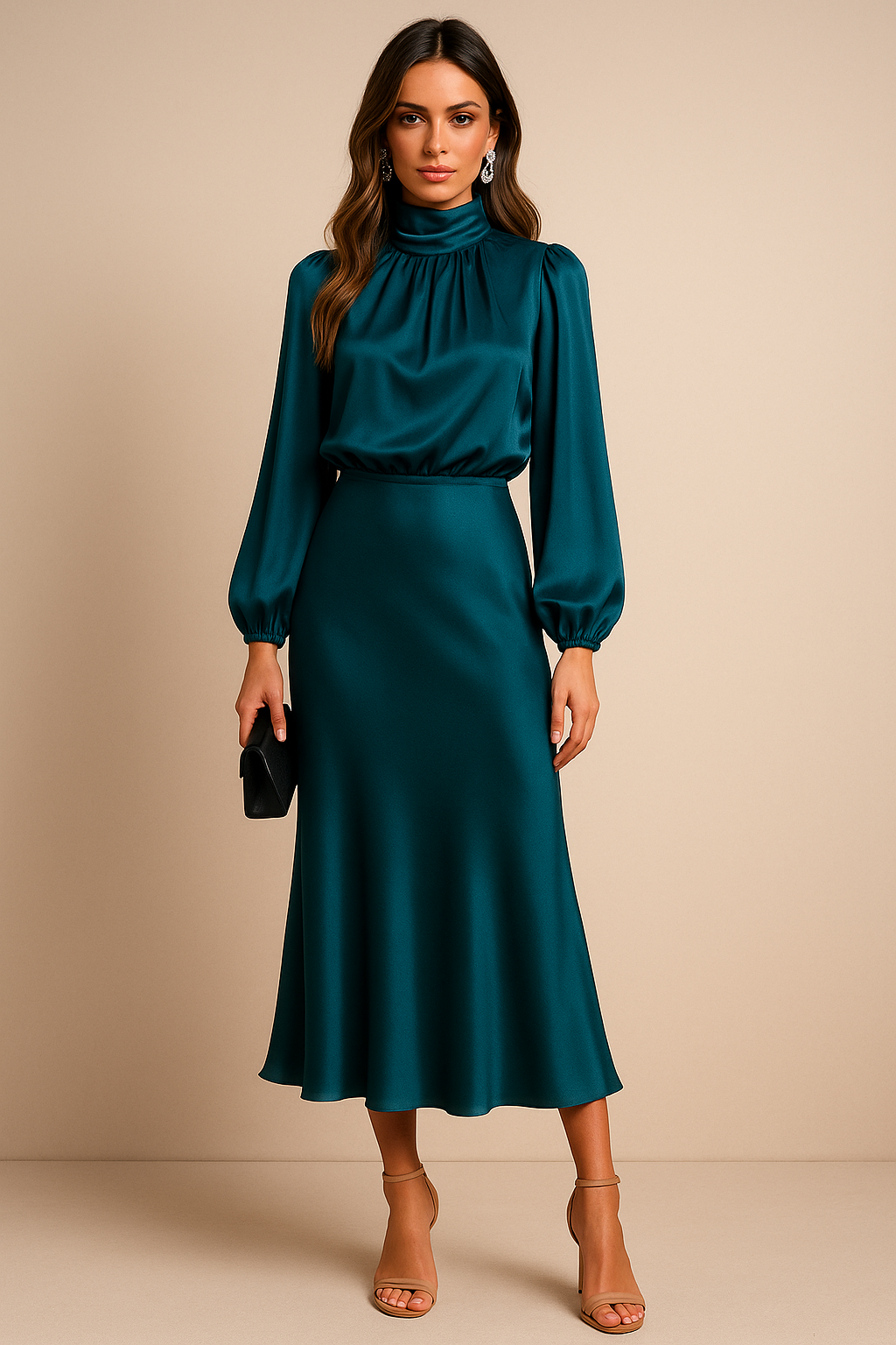 Women's Silk Satin High Neck Midi Cocktail Dress