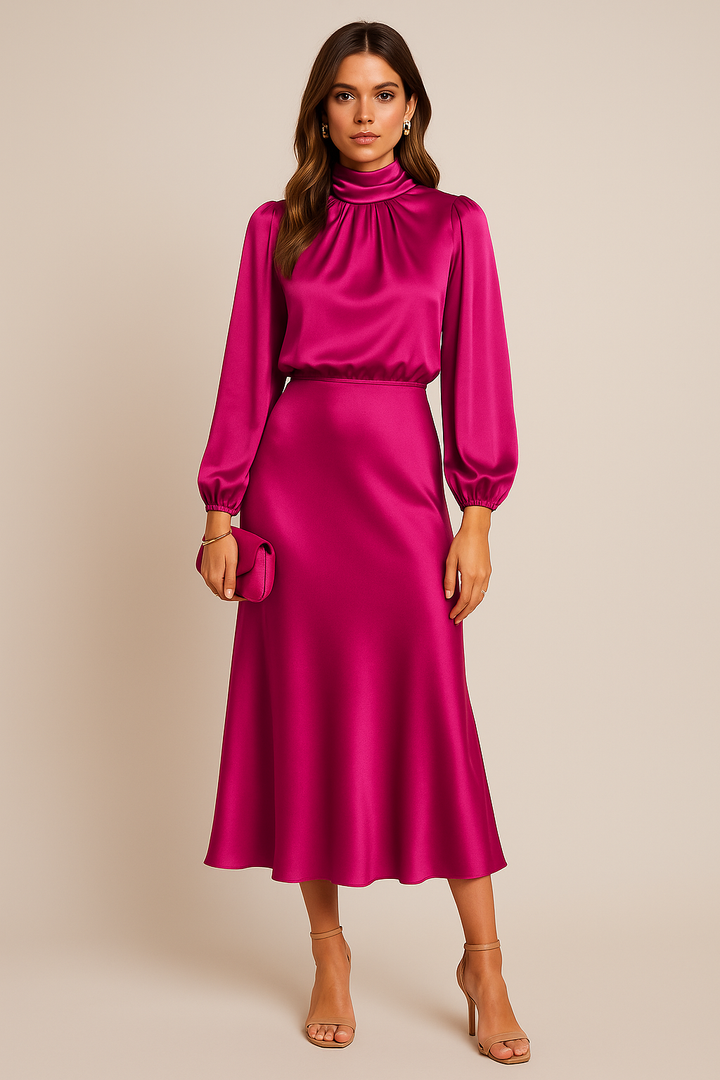 Women's Silk High Neck Long Sleeve Midi Dress