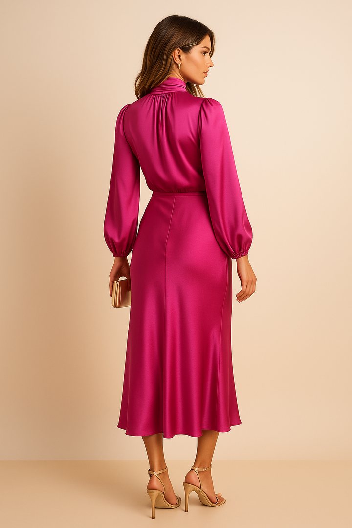 Women's Silk High Neck Long Sleeve Midi Dress