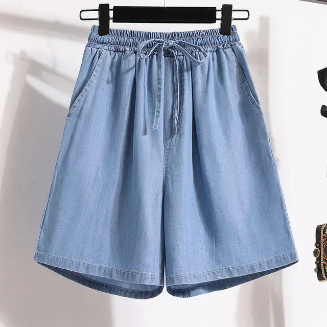 Denim Women's High-Waisted Drawstring Elastic Waist Loose Fit Jean Shorts