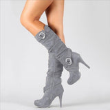 Bottes hautes pour femmes en daim, à talons aiguilles, avec boucle et effet décontracté