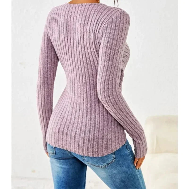 Blouse cache-cœur côtelée à manches longues et col V pour femme