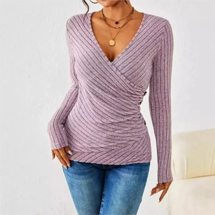 Blouse cache-cœur côtelée à manches longues et col V pour femme