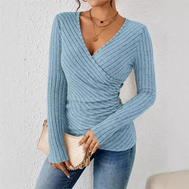 Blouse cache-cœur côtelée à manches longues et col V pour femme