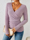 Blouse cache-cœur côtelée à manches longues et col V pour femme