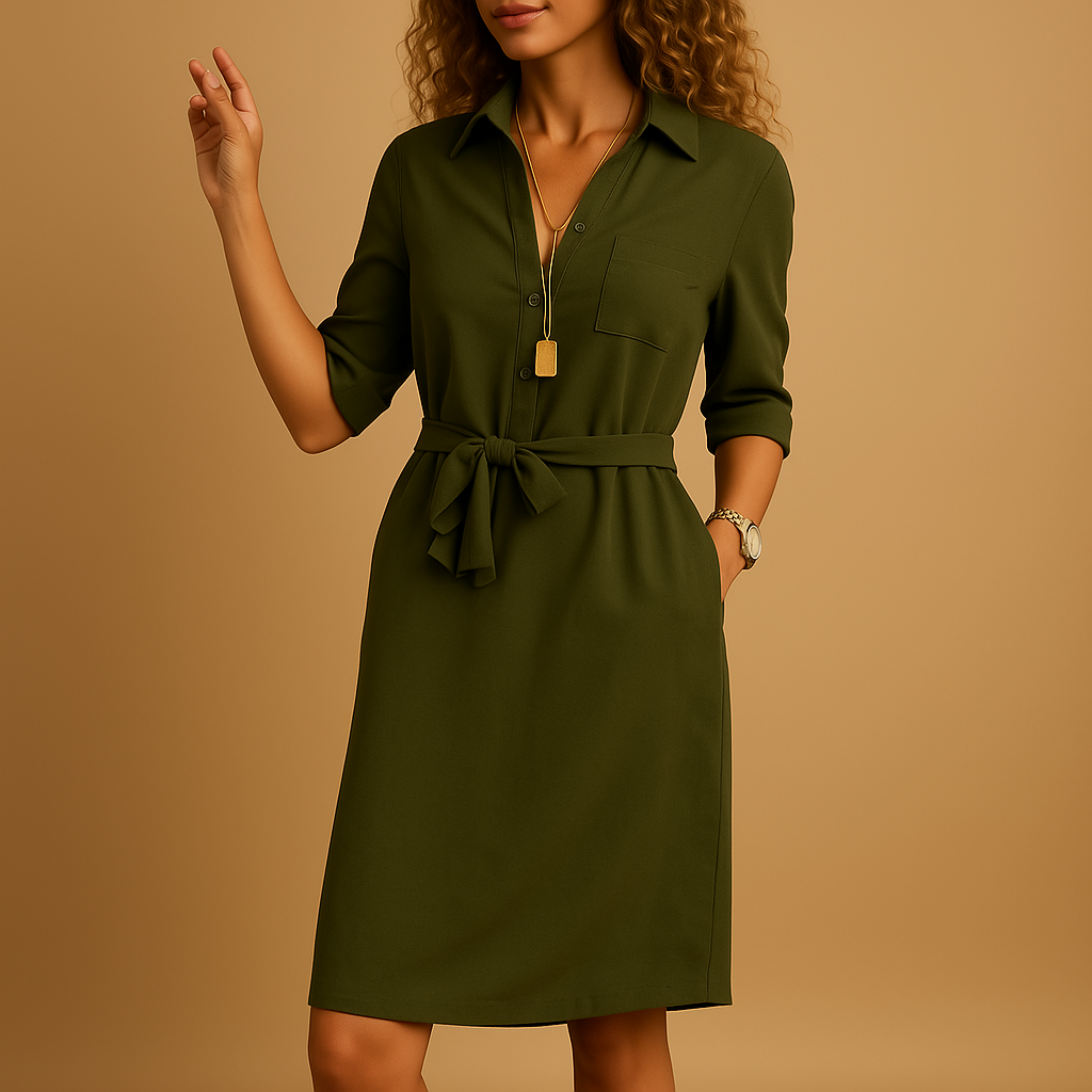 Women's Wool Mix Tie-Waist Shirt Dress | Knee-Length Collared Button-Down