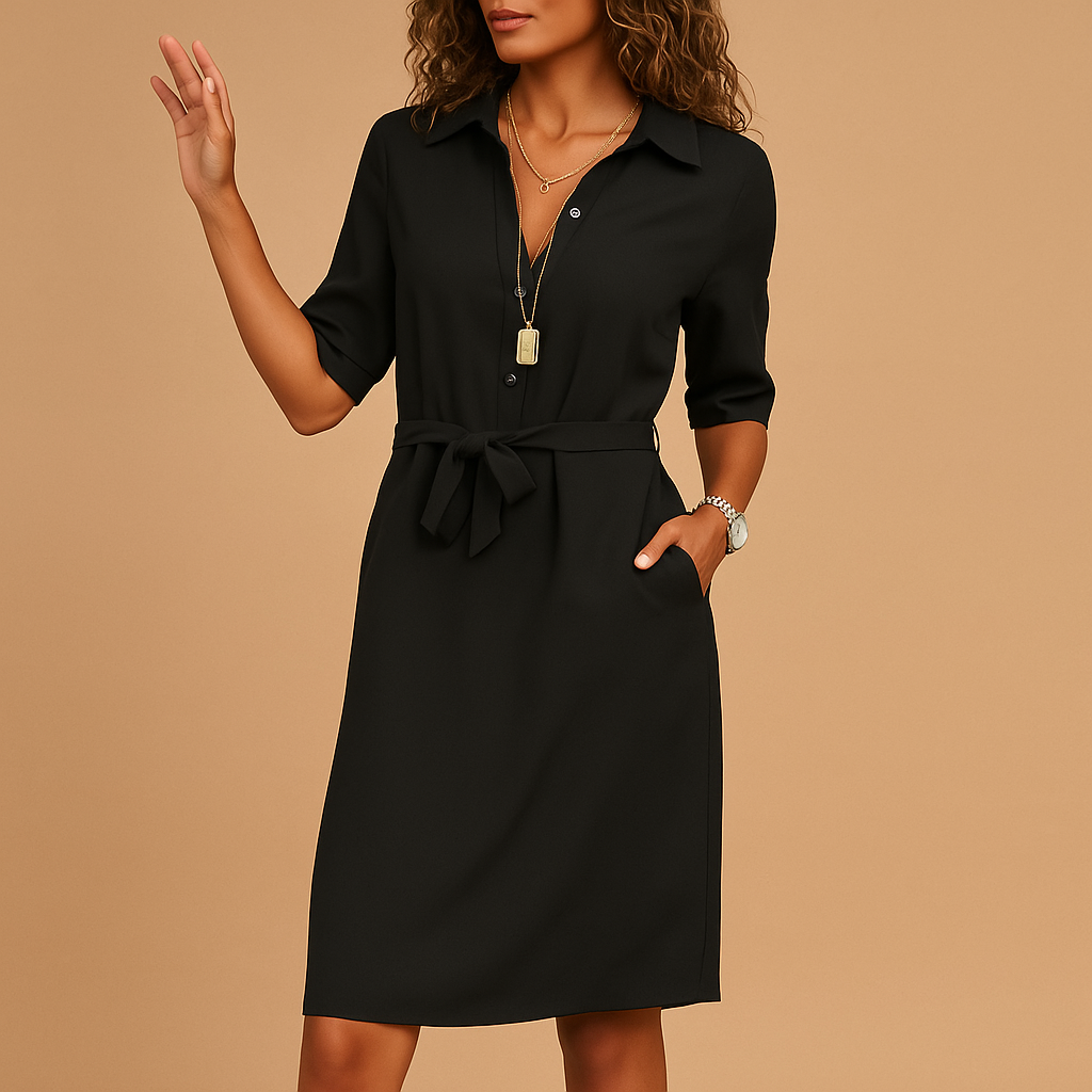 Women's Wool Mix Tie-Waist Shirt Dress | Knee-Length Collared Button-Down