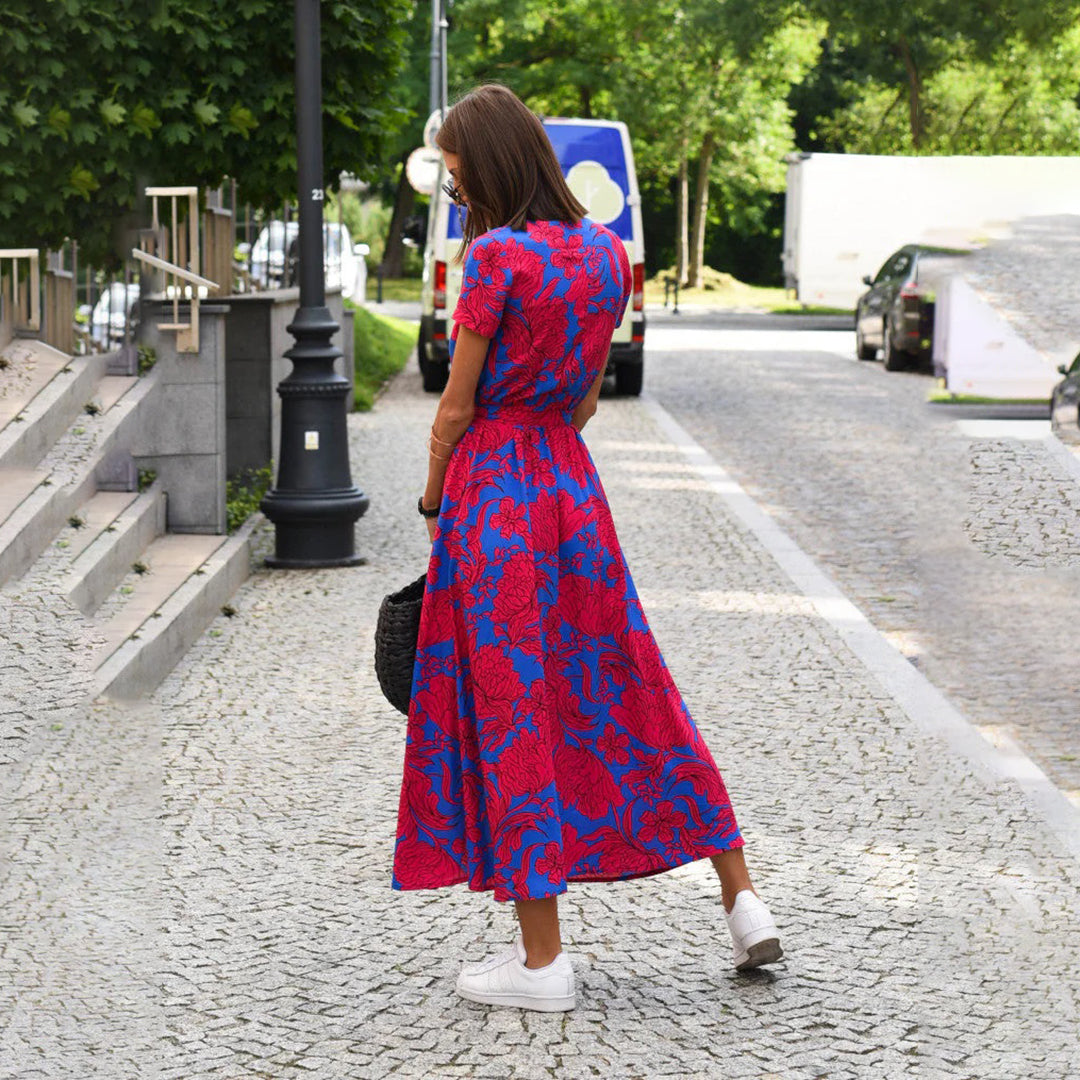 Floral Wrap Maxi Dress Women Wool Mix V-Neck Short Sleeve Casual Dress