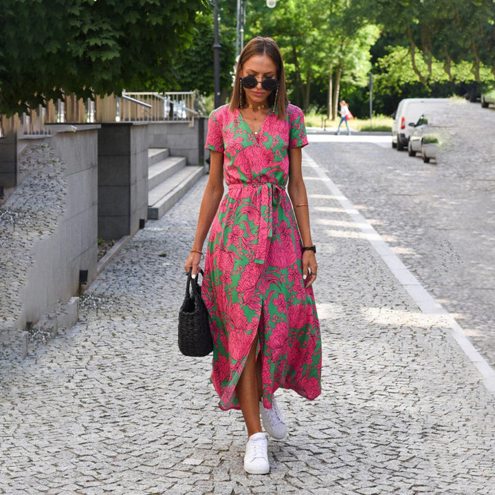 Floral Wrap Maxi Dress Women Wool Mix V-Neck Short Sleeve Casual Dress