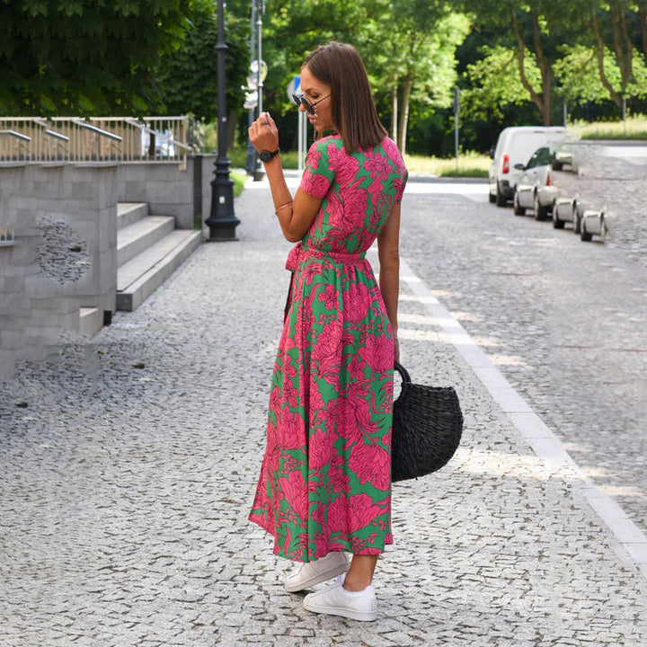 Floral Wrap Maxi Dress Women Wool Mix V-Neck Short Sleeve Casual Dress