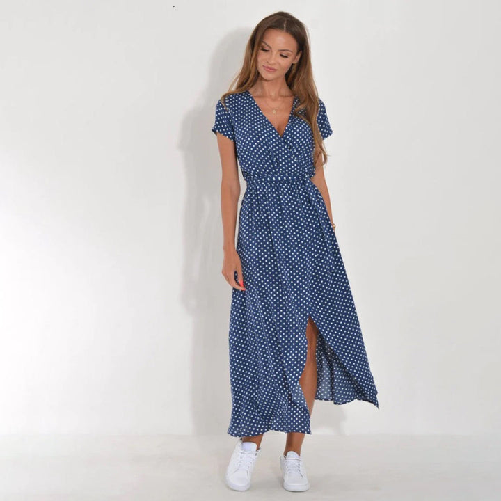 Floral Wrap Maxi Dress Women Wool Mix V-Neck Short Sleeve Casual Dress
