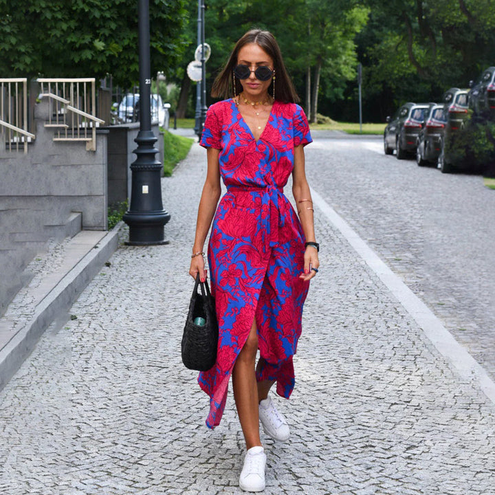 Floral Wrap Maxi Dress Women Wool Mix V-Neck Short Sleeve Casual Dress