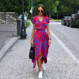 Floral Wrap Maxi Dress Women Wool Mix V-Neck Short Sleeve Casual Dress