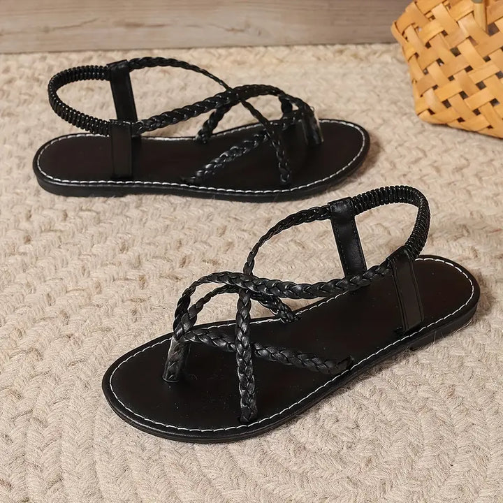 Braided Leather Women Sandals Open Toe Slingback Strappy Flat Shoes