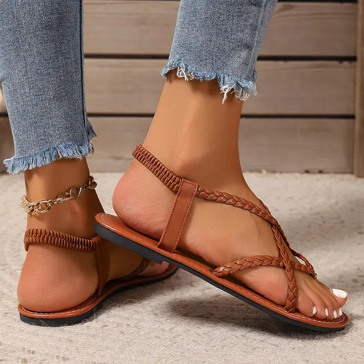 Braided Leather Women Sandals Open Toe Slingback Strappy Flat Shoes