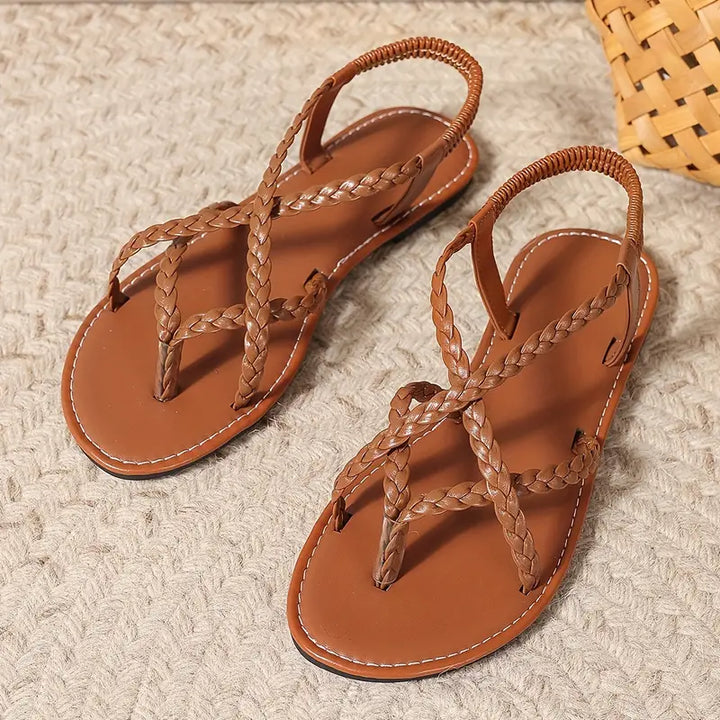 Braided Leather Women Sandals Open Toe Slingback Strappy Flat Shoes