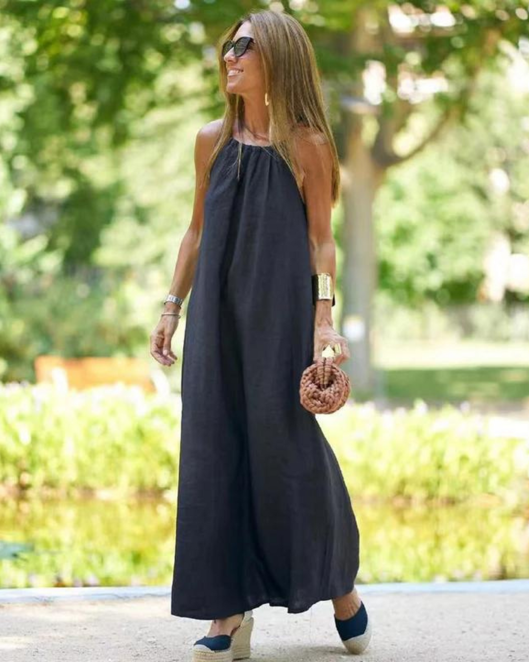 Women's Halter Neck Linen Blend Casual Beach Long Slit  Maxi Dress