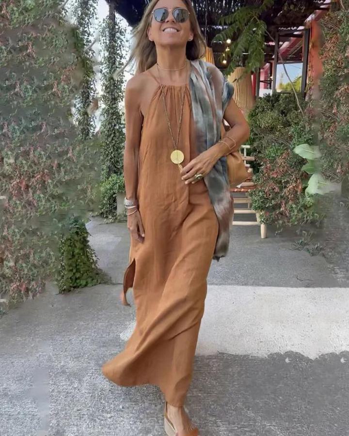 Women's Halter Neck Linen Blend Casual Beach Long Slit  Maxi Dress