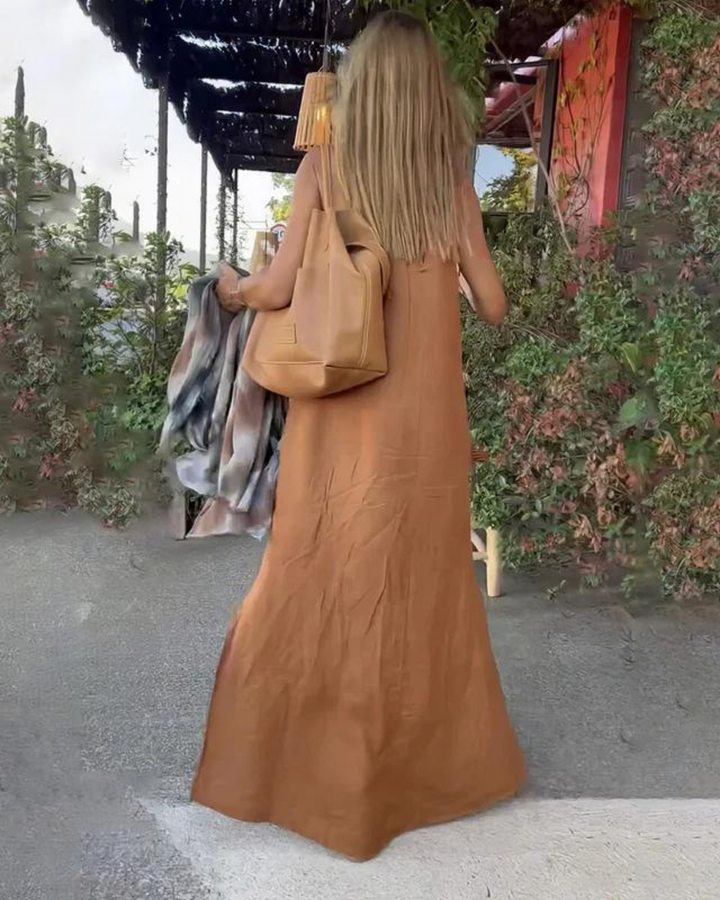 Women's Halter Neck Linen Blend Casual Beach Long Slit  Maxi Dress