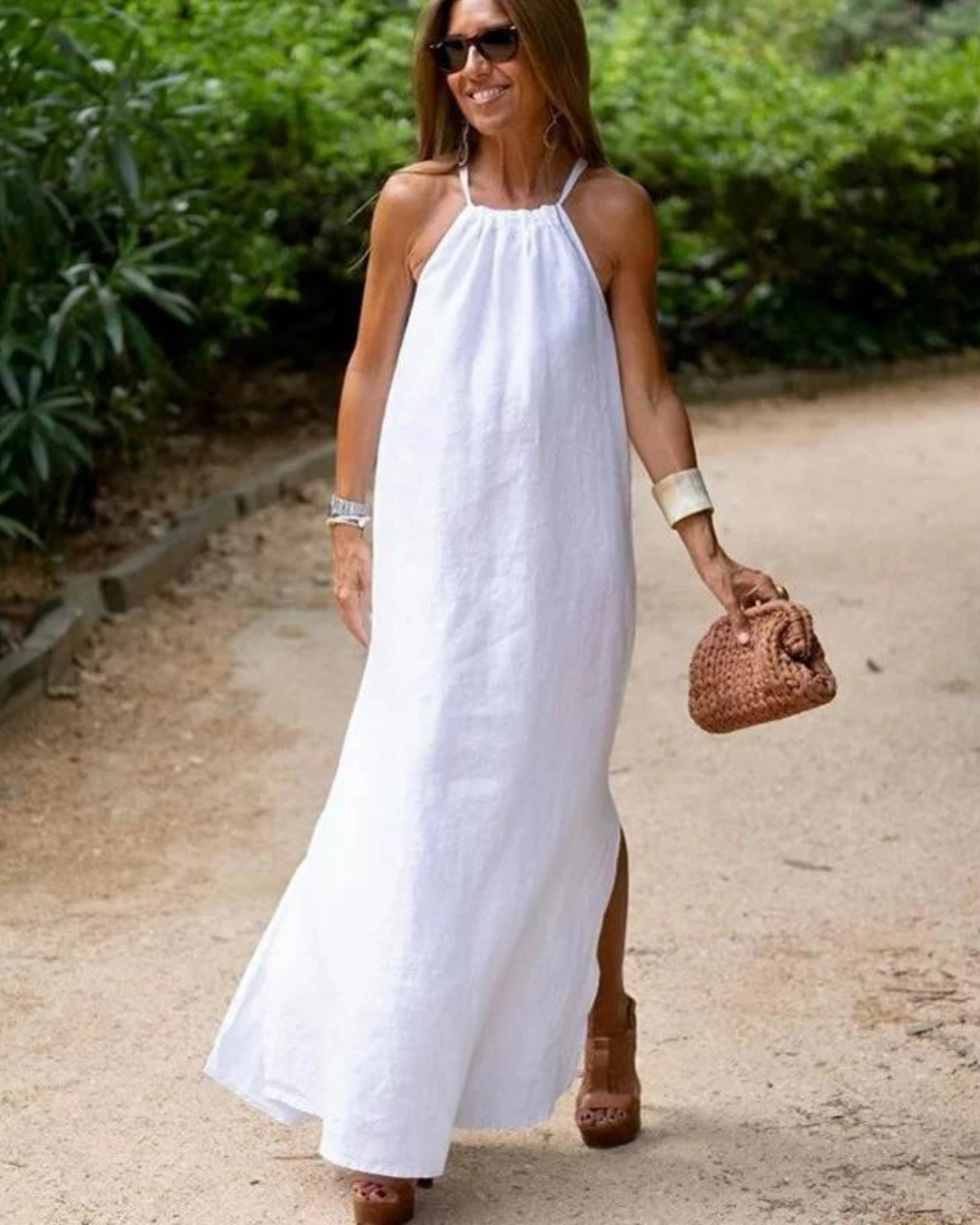 Women's Halter Neck Linen Blend Casual Beach Long Slit  Maxi Dress