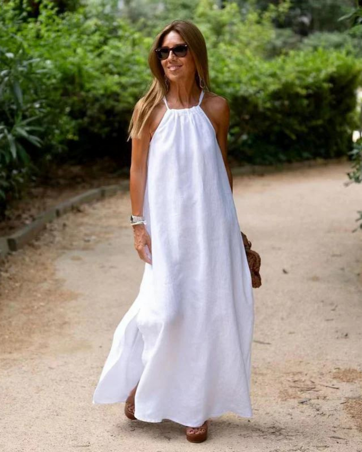 Women's Halter Neck Linen Blend Casual Beach Long Slit  Maxi Dress