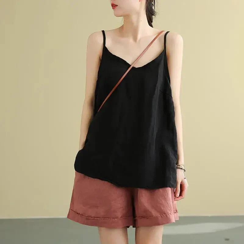 Linen Cami Women's V-Neck Loose Sleeveless Vest Top
