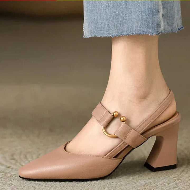Leather Pointed Toe Heels Women Black Block Heel Slingbacks