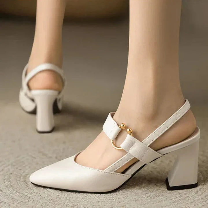 Leather Pointed Toe Heels Women Black Block Heel Slingbacks