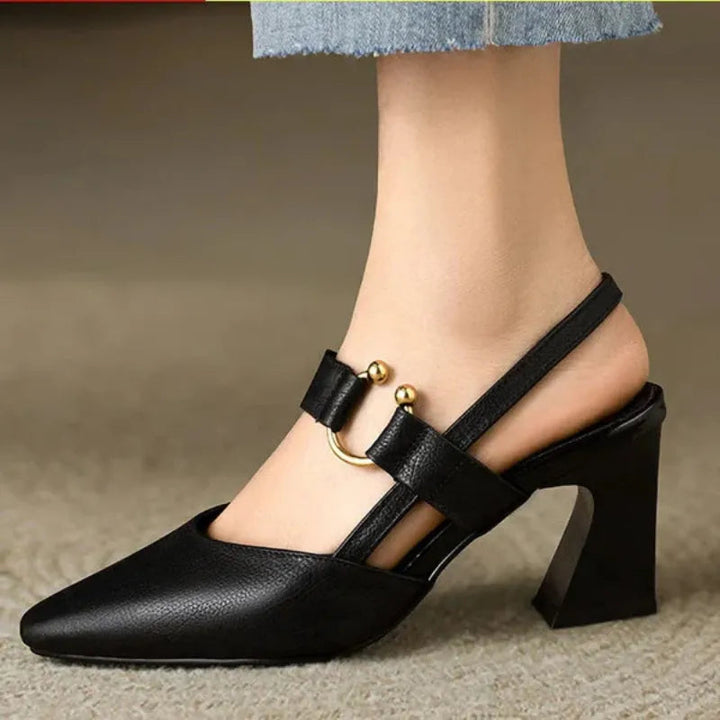 Leather Pointed Toe Heels Women Black Block Heel Slingbacks