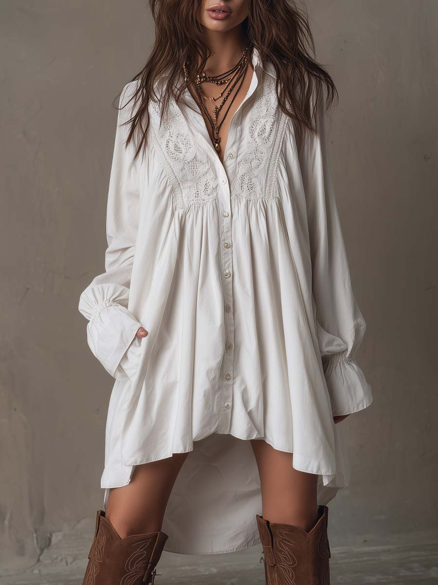 Women's Lace Long-Sleeve Button-Front Tunic Dress