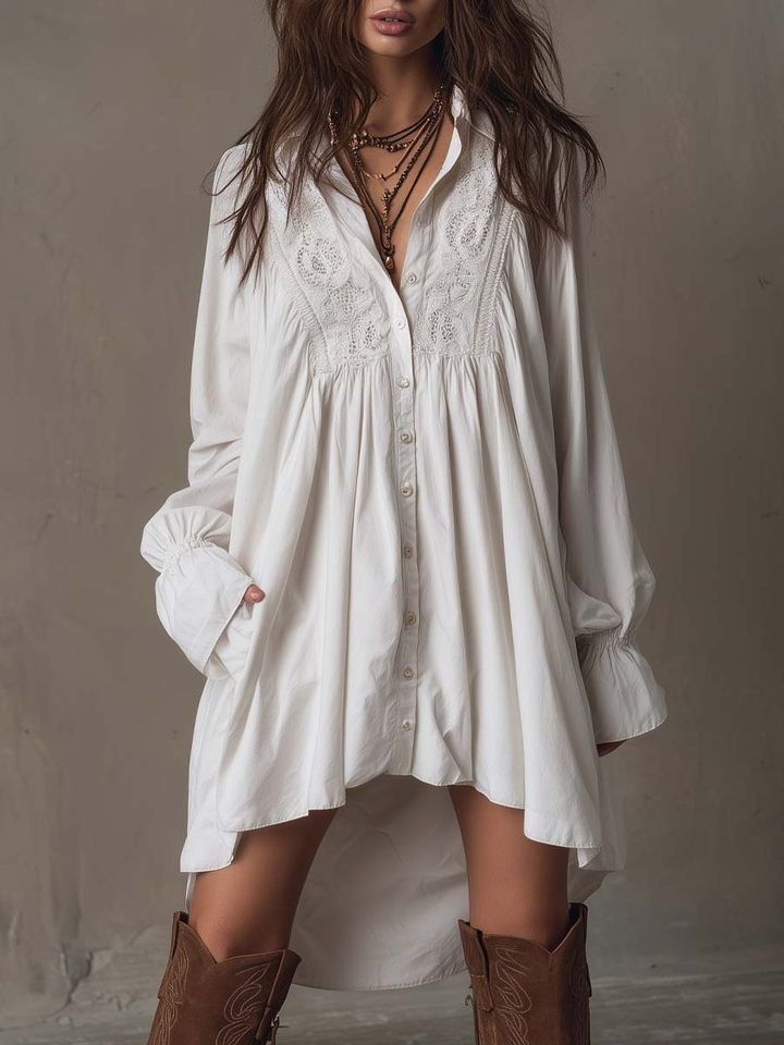 Women's Lace Long-Sleeve Button-Front Tunic Dress