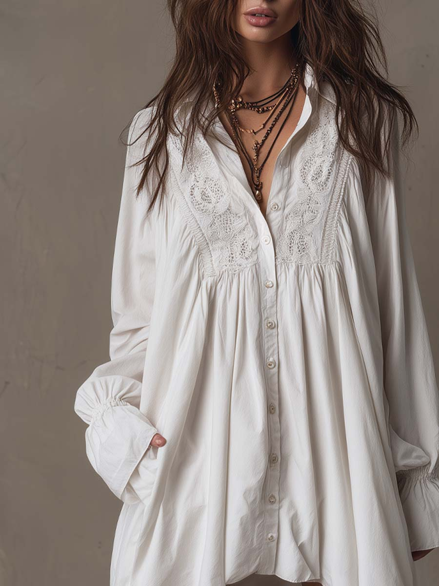Women's Lace Long-Sleeve Button-Front Tunic Dress