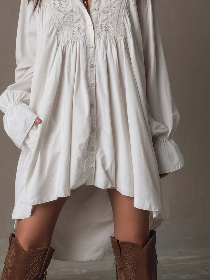 Women's Lace Long-Sleeve Button-Front Tunic Dress