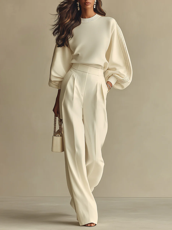 Women's Merino Wool Knit Sweater And Wide Leg Trouser Set