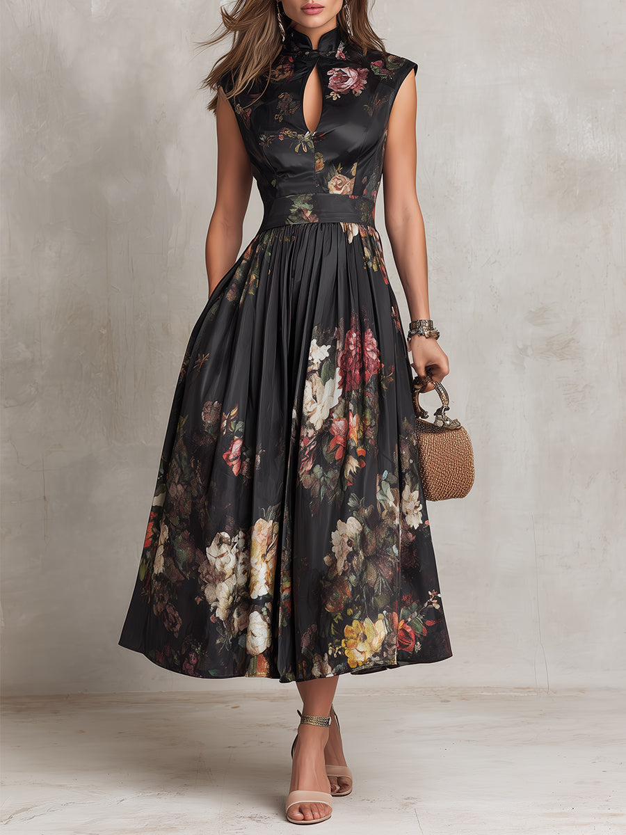 Women's Satin Floral Pleated Keyhole Midi Dress
