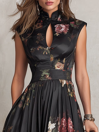 Women's Satin Floral Pleated Keyhole Midi Dress