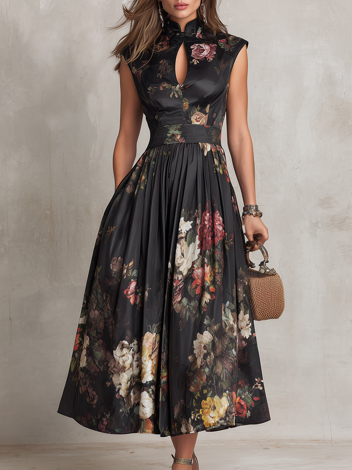 Women's Satin Floral Pleated Keyhole Midi Dress